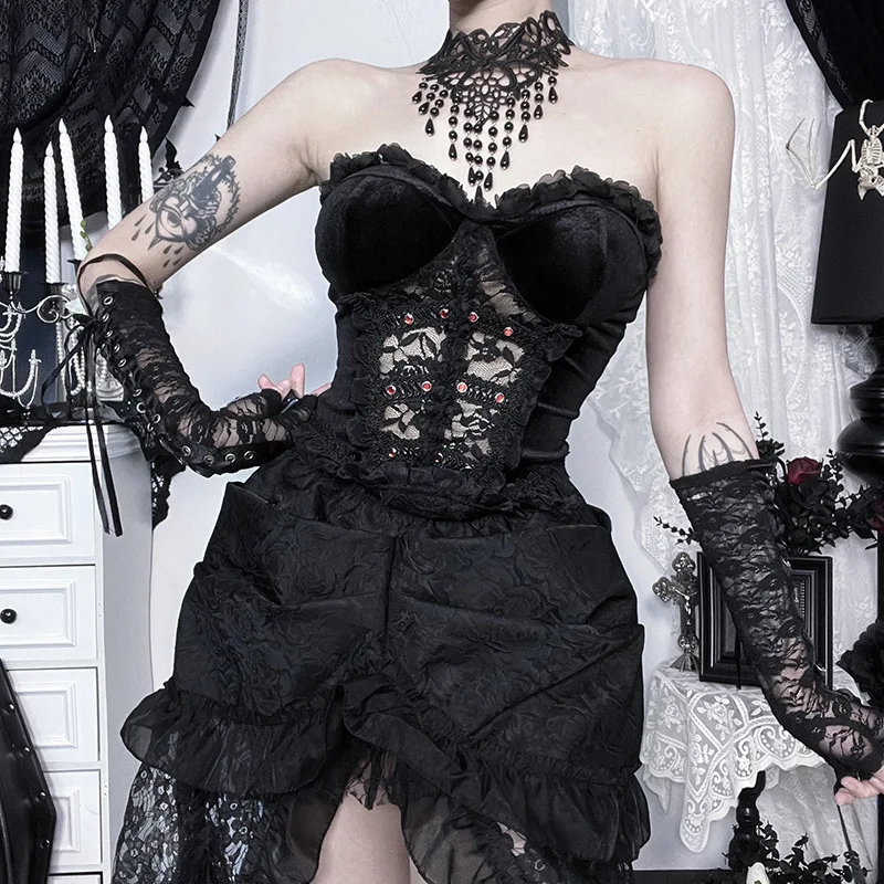 

2025 New Dark Lace Trim Hollow Out Sexy Strapless Corset Top Women Y2K Mall Gothic Outfits Backless Cropped Tops Vest Underwear