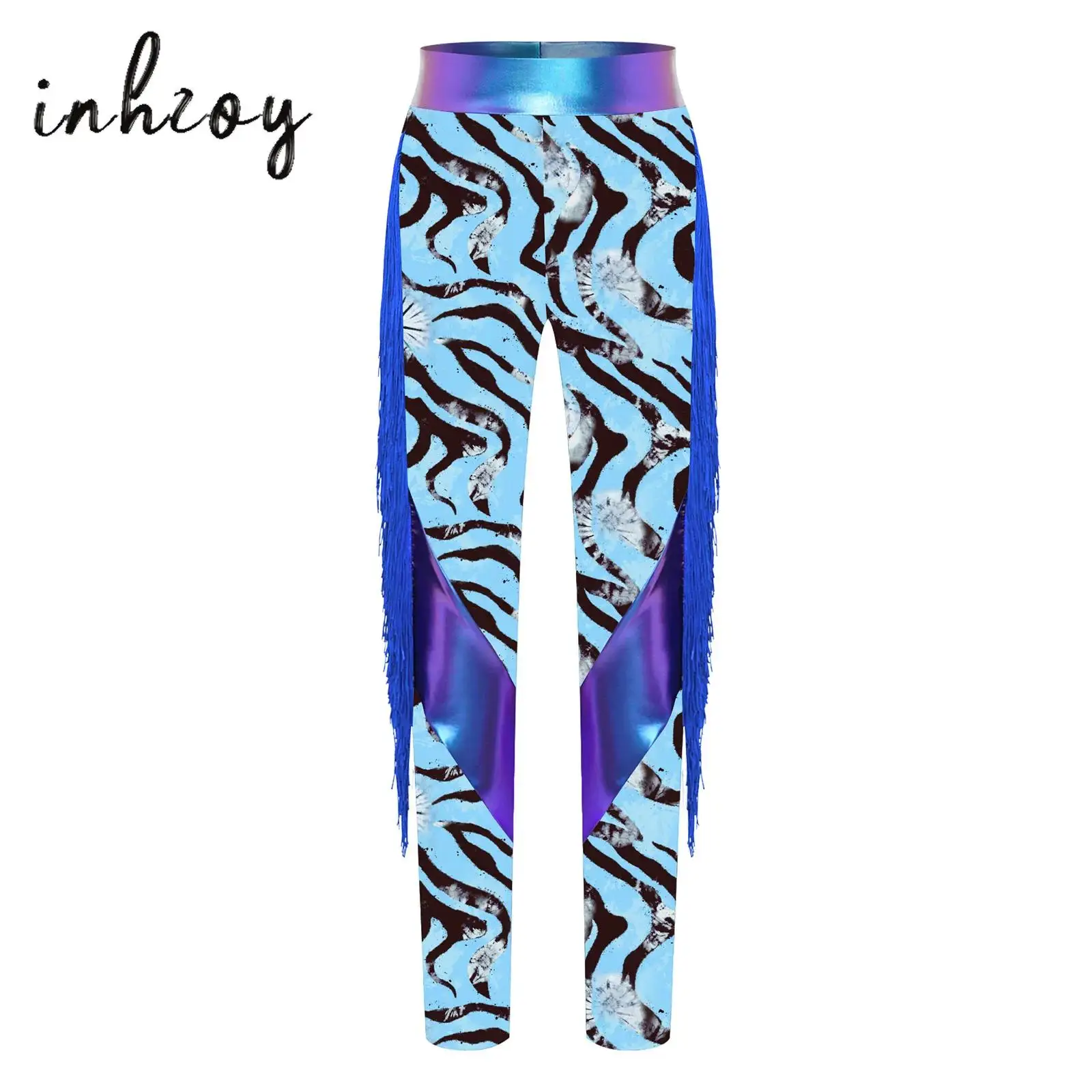 

Kids Girls Gymnastics Figure Skating Leggings Pants Zebra-Stripe Metallic Stretchy Tassel Pants Jazz Dance Performance Costume
