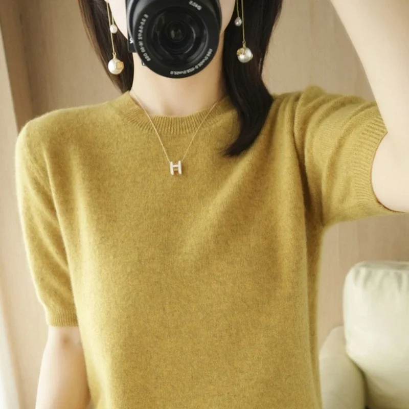 2025 Spring Summer Womens Sweater Short Sleeve O-neck Slim Fit Knitted Pullovers Bottoming Casual Knitwear Camel Pink Clothes