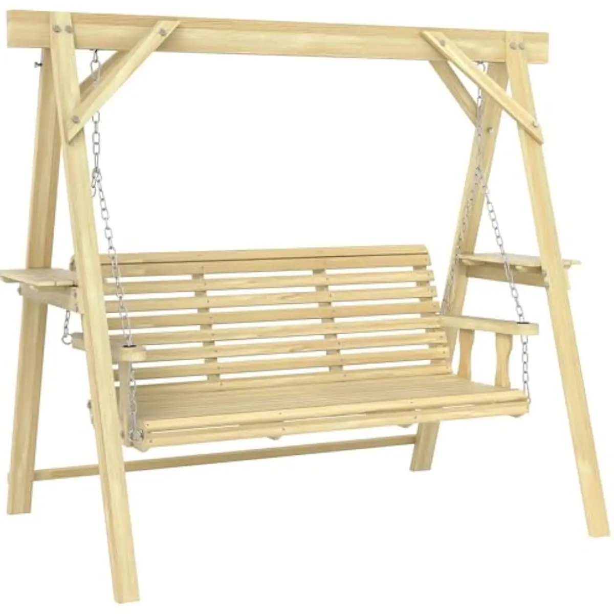 Three-person outdoor porch swing bench with A-frame stand made of durable fir wood featuring side tables ergonomic seating and a