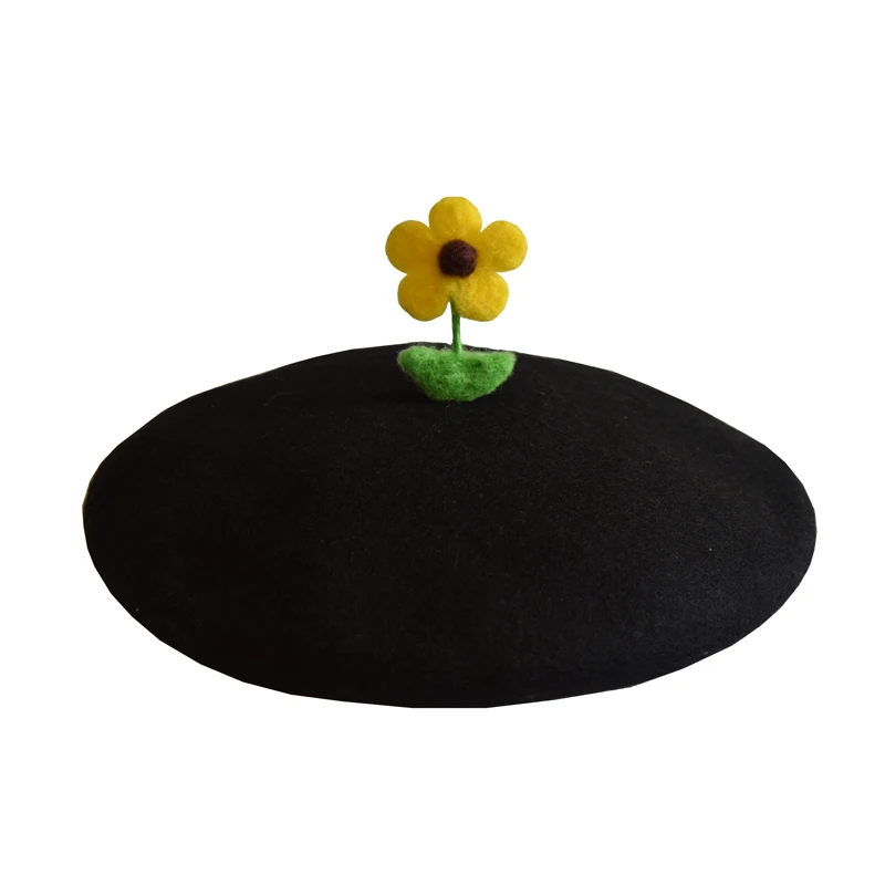 RH Autumn Winter Flowers Wool Felt Cute Berets Sunflowers White Yellow Sweetie Handcraft Female Warm Hat