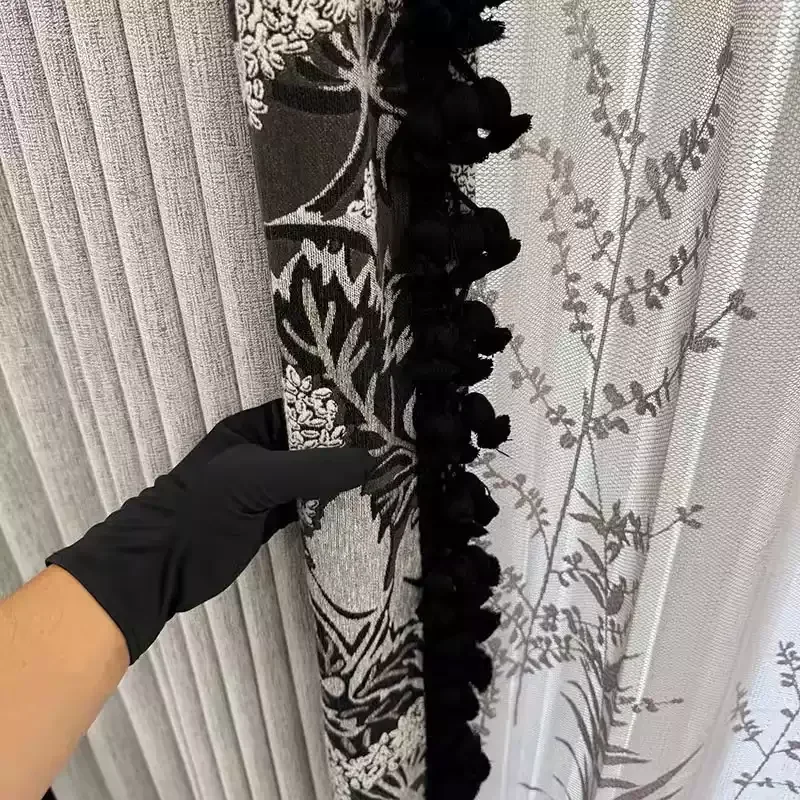 High-grade Black and White Grey Cashmere Nylon Jacquard Thickened Curtains for Living Room Bedroom Balcony Villa Customised