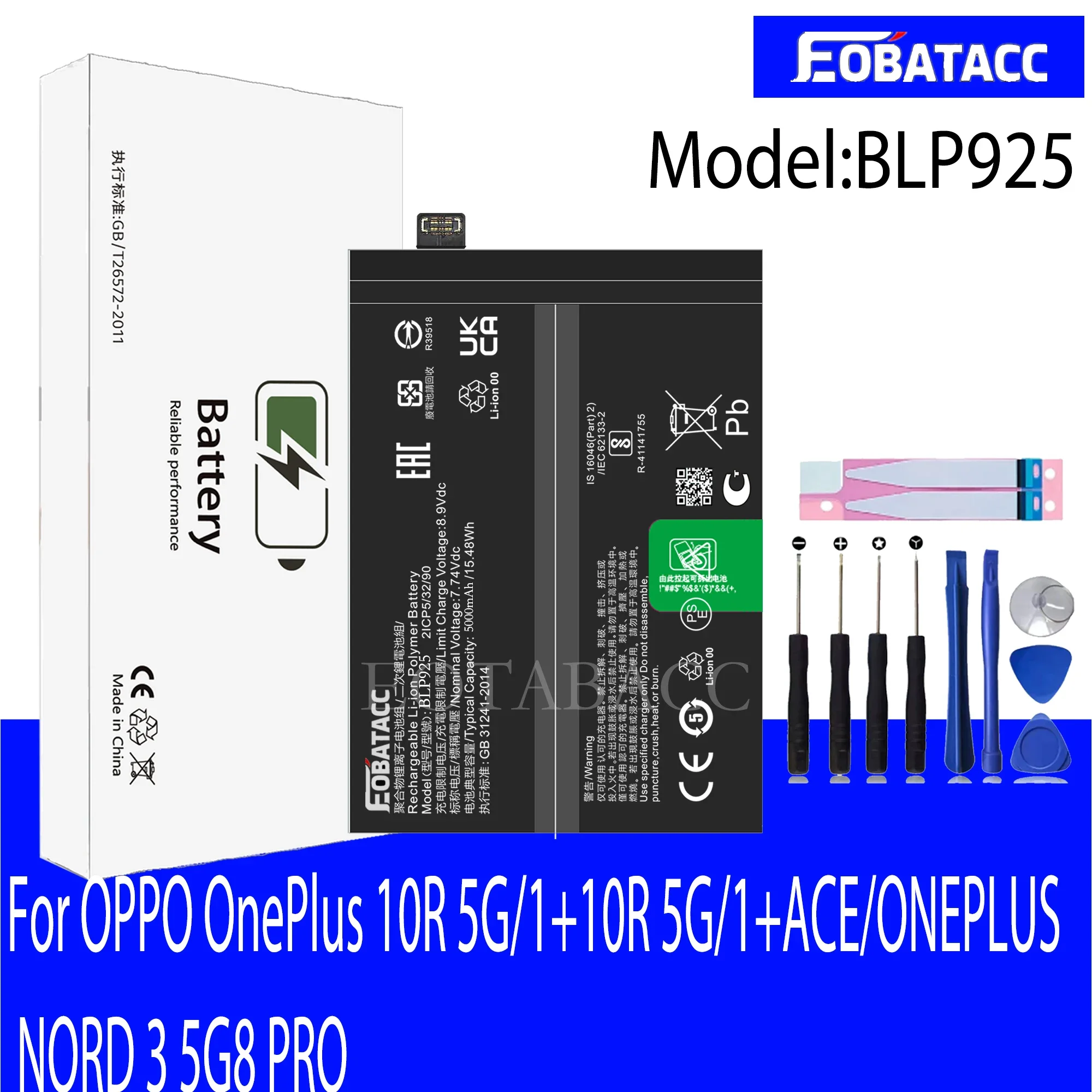 

EOTABACC 100% New Original BLP925 Battery For OPPO OnePlus 10R 5G/1+10R 5G/1+ACE/ONEPLUS NORD 3 5G Battery +Tools