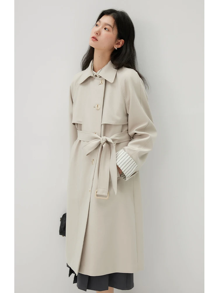 ZIQIAO Single-Breasted Beige Long Spring Female Windbreaker Diagonal Placket Design Trench Women Raglan Sleeve Coat 24ZQ91089