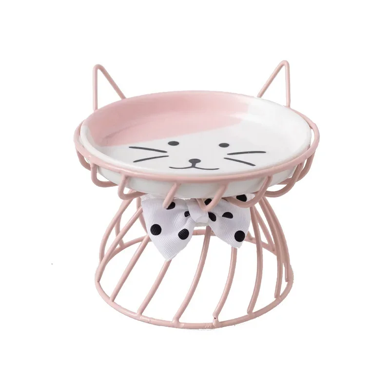 Cat Bowl Ceramic High-Foot Neck Guard Food Bowl Shallow Mouth Large Caliber Pet Food Bowl