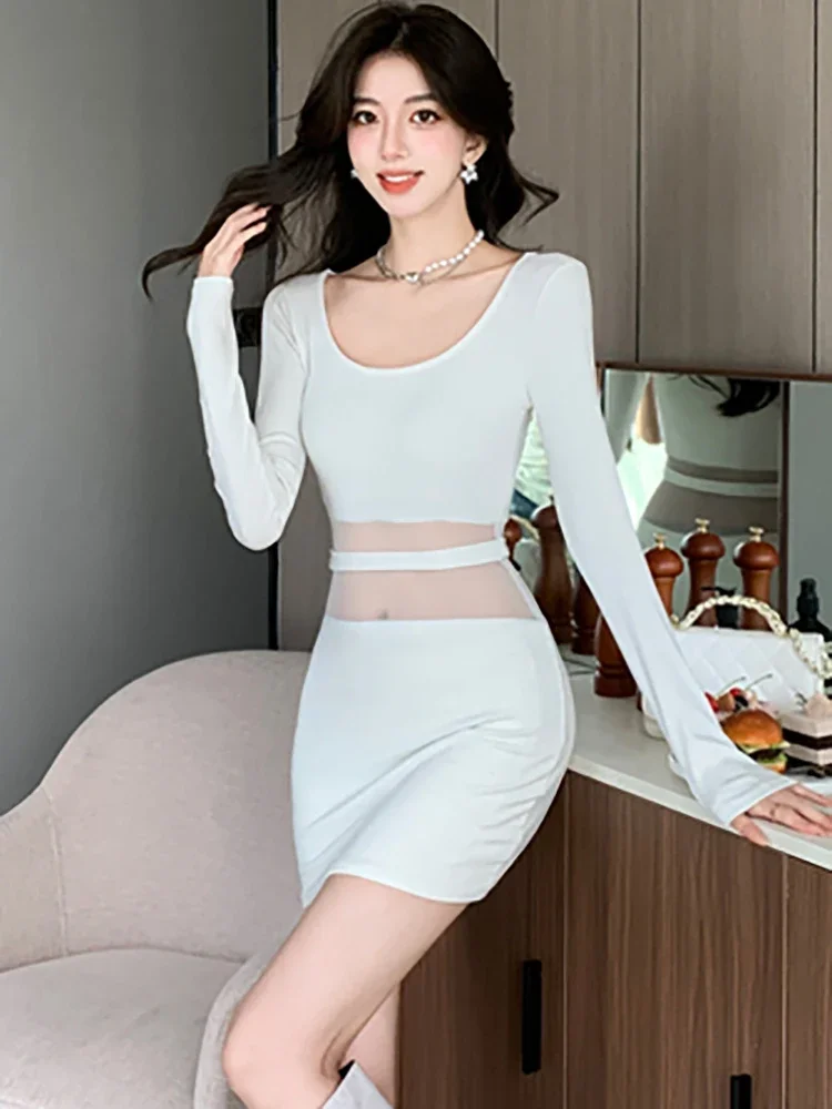 White Patchwork Mesh Sheer Sexy Mini Dress Women Autumn Elegant Bodycon Hip Wrap Dress 2024 Korean Fashion Chic Festival Dresses