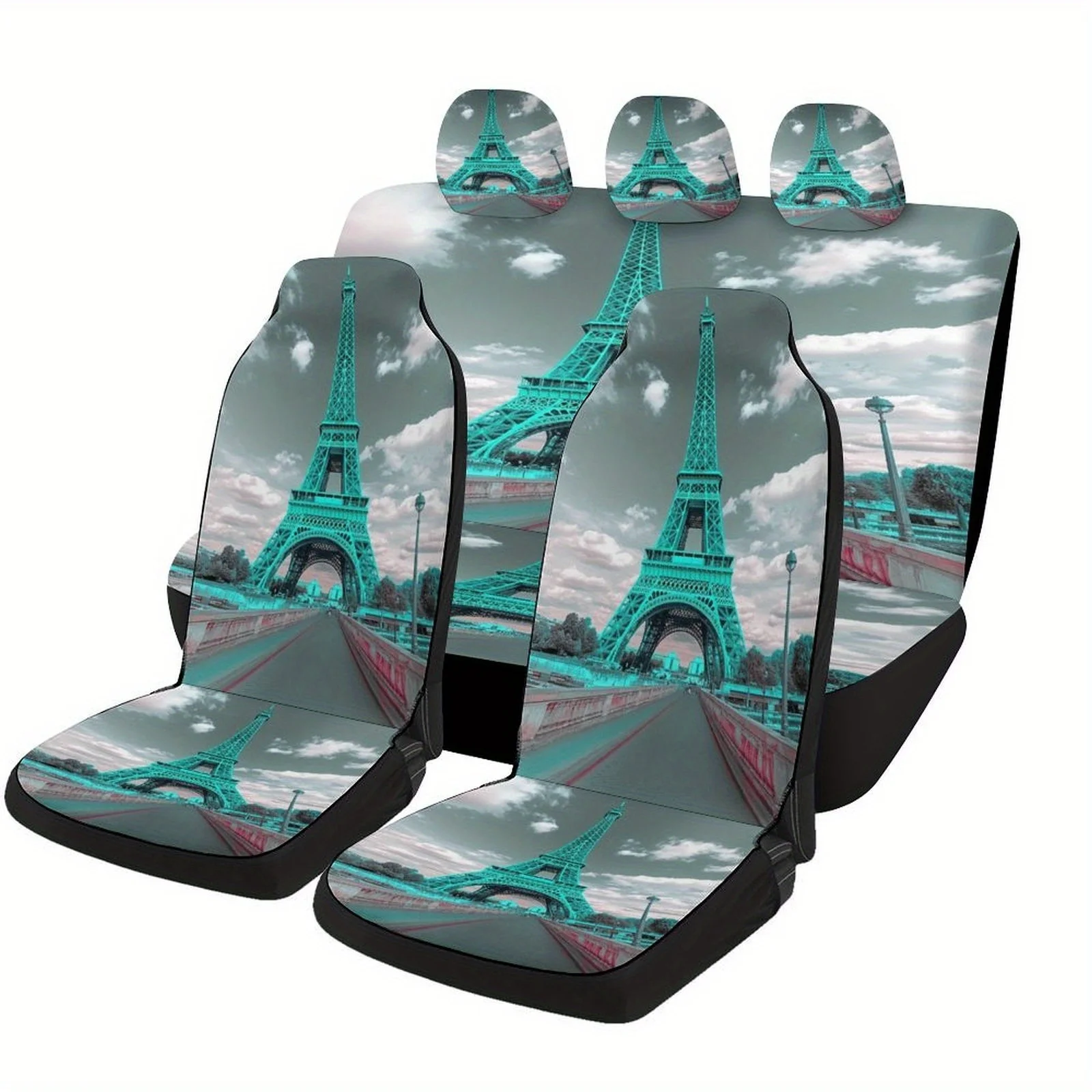 Eiffel Tower Designed Car Seat Covers Set For Most Cars, Trendy Personalized Novelty Decorative Car Seat Protector Covers Full S