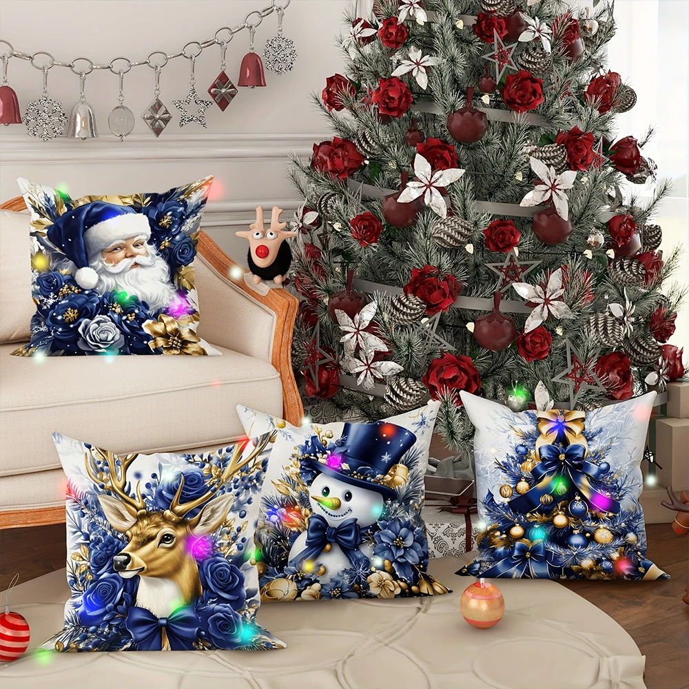 Blue and Gold Christmas LED Light Up Pillowcase Holiday Party Supplies Super Soft Skin-friendly Pillowcase Christmas Decoration