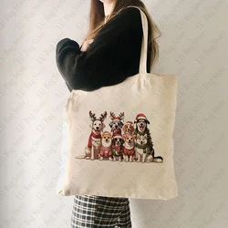 Christmas Dogs Pattern Tote Bag Canvas Shoulder Bag Women's Reusable Shopping Bags Best Gift for Xmas Dog Lover Christmas Gift