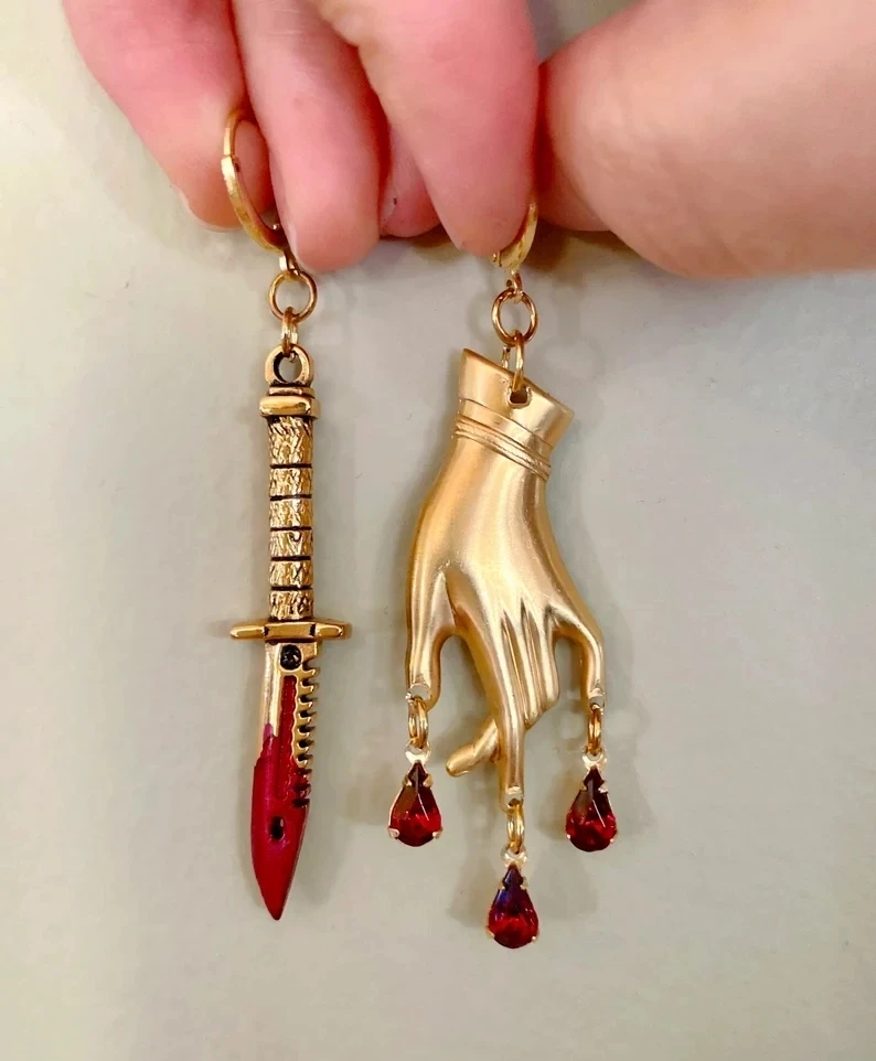 The Asymmetrical gold plated Lady & Dagger Earrings,Boho Earrings,Aesthetic Dangle Earrings