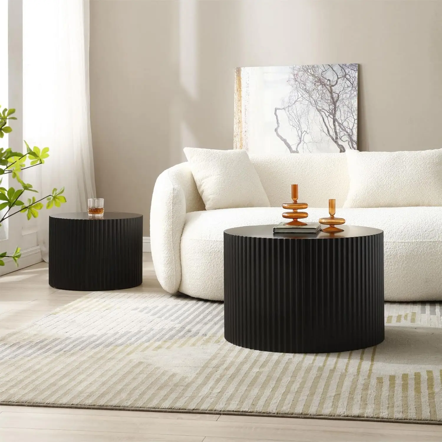 Round Coffee Table Set of 2 Nesting Coffee Table Modern for Living Room, Black