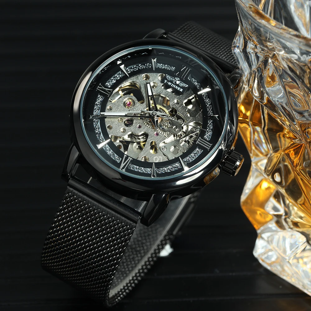 WINNER Classic Transparent Skeleton Automatic Watch for Men Luxury Mesh Stainless Steel Strap Black Silver Mechanical Watches