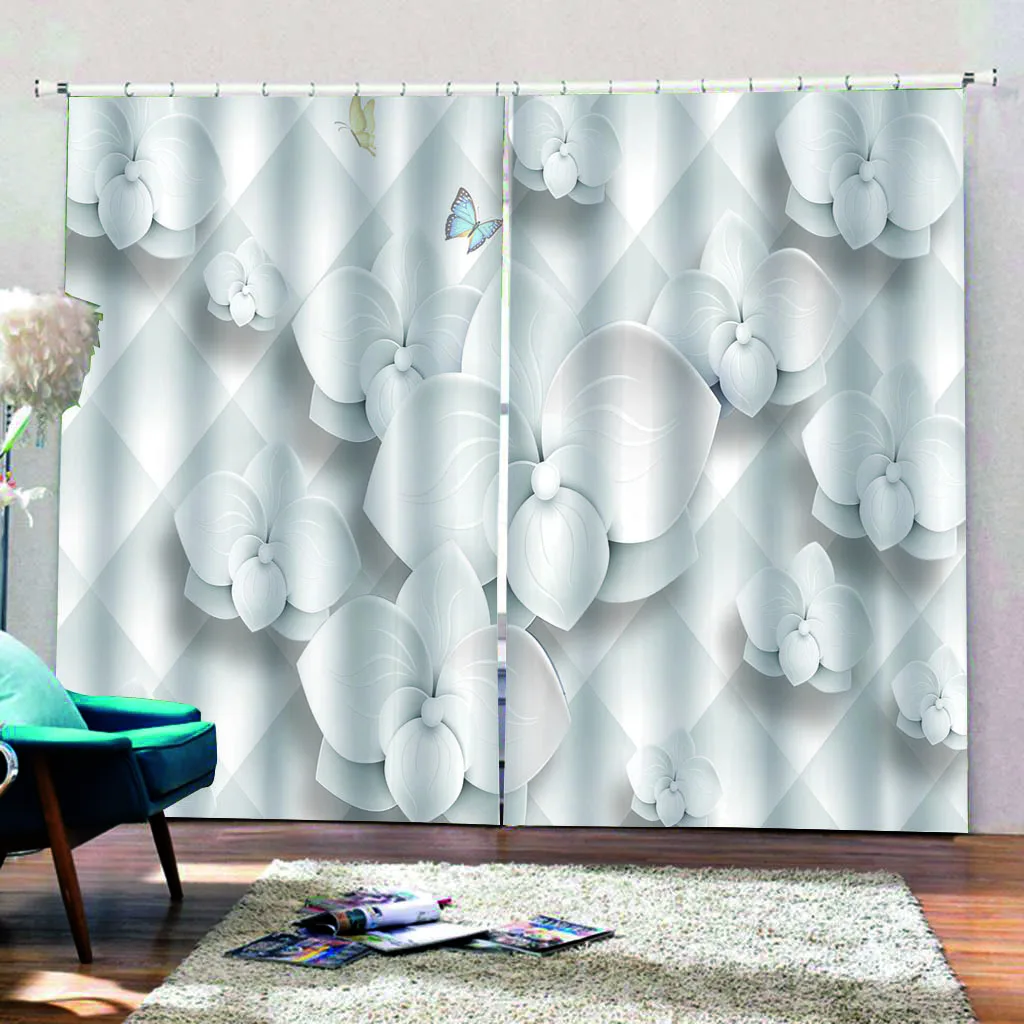 White flower curtains 3d stereoscopic curtains 3D Curtain Luxury Blackout Window Curtain Living Room