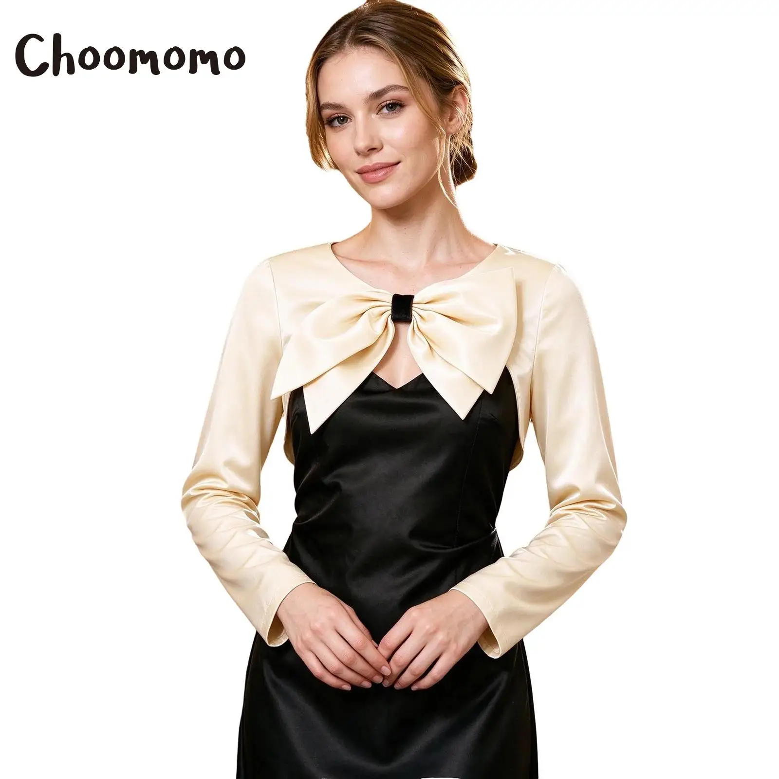 Elegant Women Satiny Bolero Jacket Lady Cute Big Bow Crop Top Cardigan Shrug Cape Shawls Wrap for Birthday Wedding Formal Party