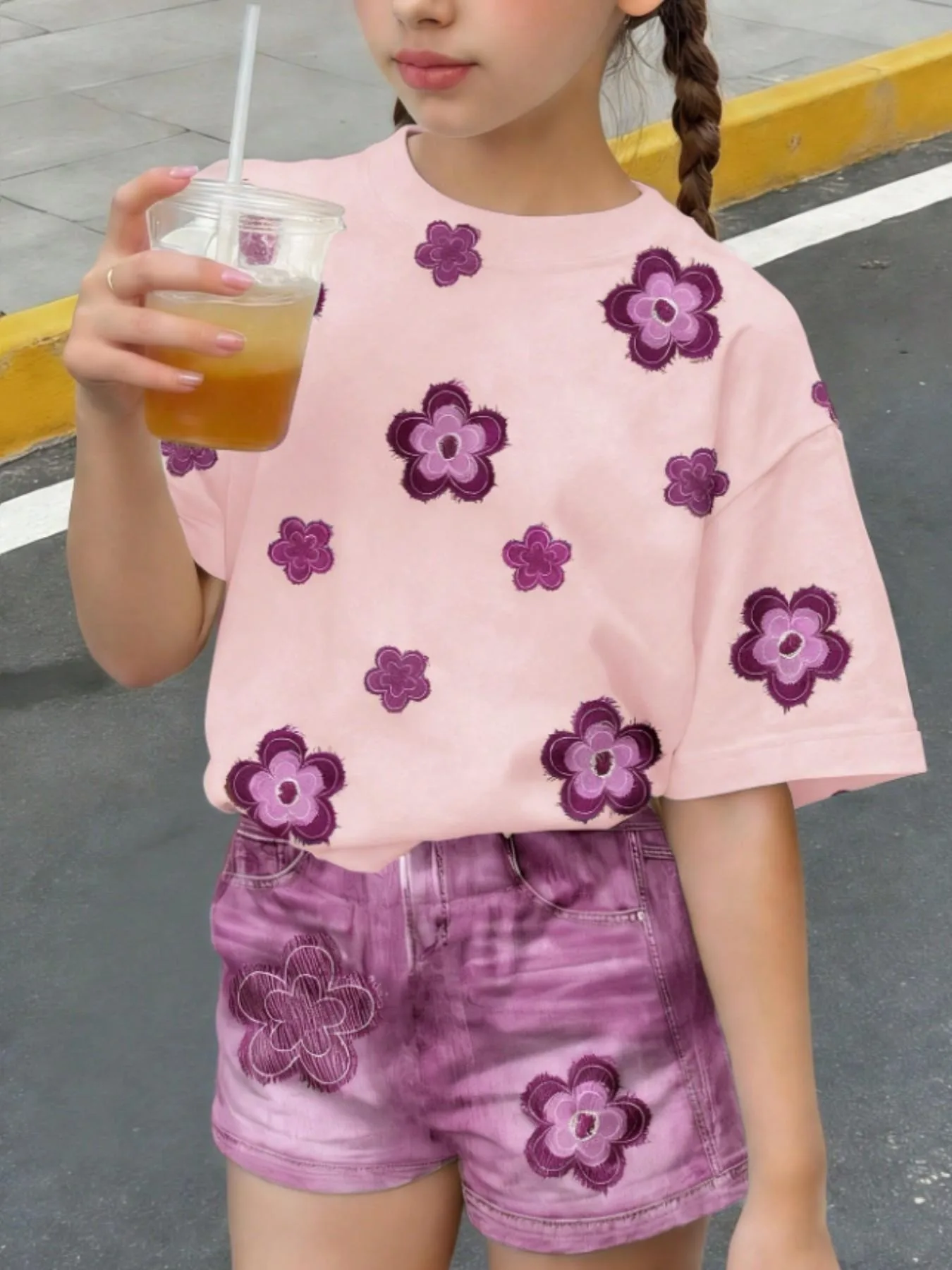 Kids Girls 2-Piece Floral Embroidery Short Sleeve T-shirt & Denim-Look Shorts Set Summer Casual Streetwear Daily School Outfit（N