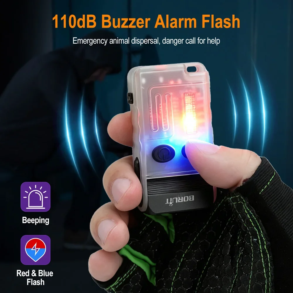 BORUiT V20 1000LM Keychain EDC LED UV Flashlight Type-C Rechargeable Powerful Torch Buzzer Work Light Emergency Set Gift Box
