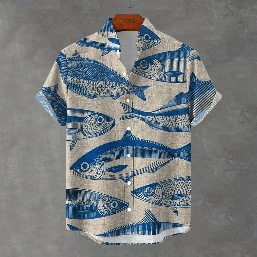 New men's stand-up collar short-sleeved shirt with ocean-themed print of fish, lemon, and waves, loose-fitting casual shirt.