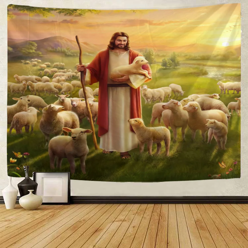 Jesus Illustration Art Tapestry Wall Hanging Mysterious Wall Decoration Blanket Psychedelic Hippie Aesthetic Room Decoration