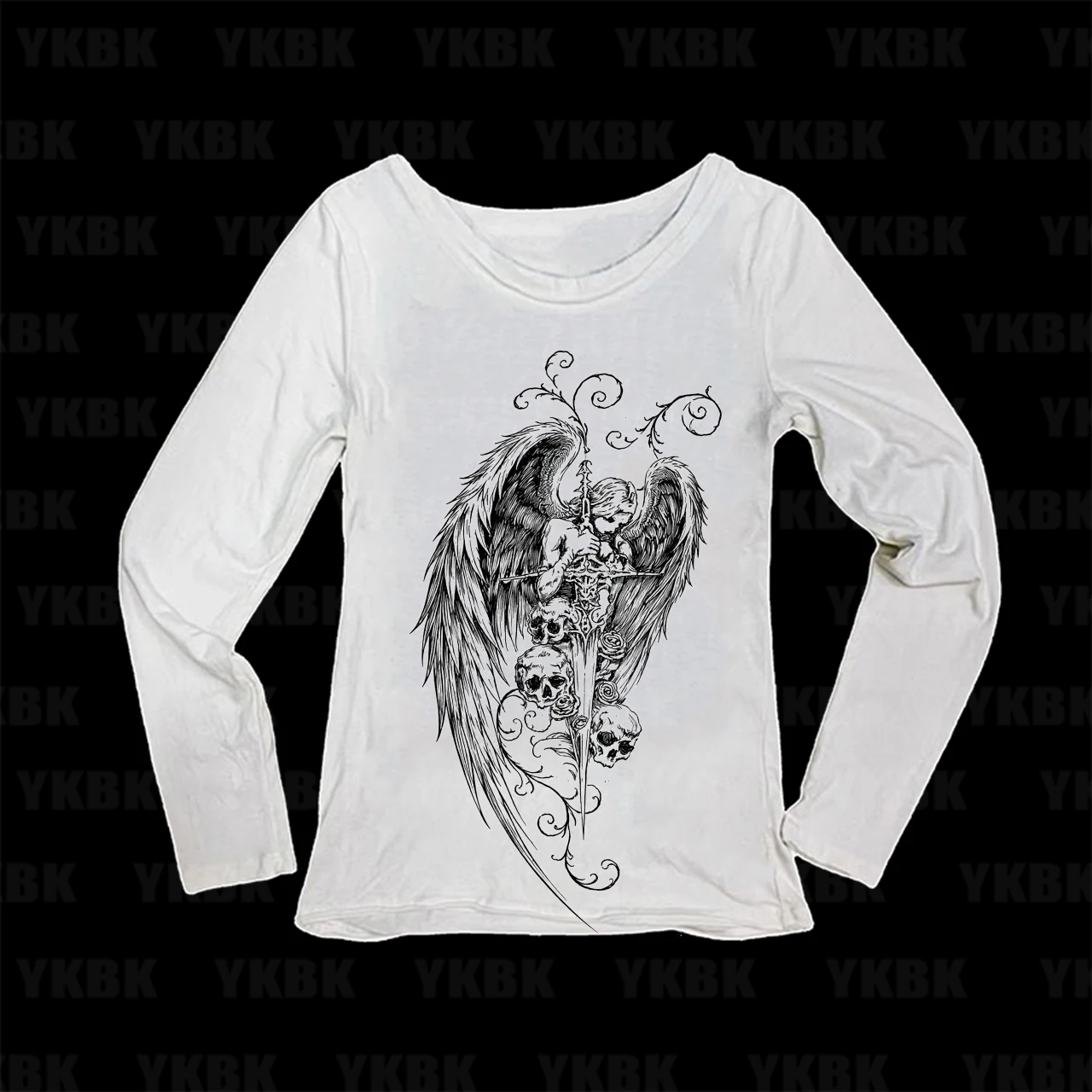 Angel Sword Skull Rose Gothic Tattoo Art Graphic Print Women Long Sleeve T‑Shirt Slim Fit Dark Grunge Ladies Tops