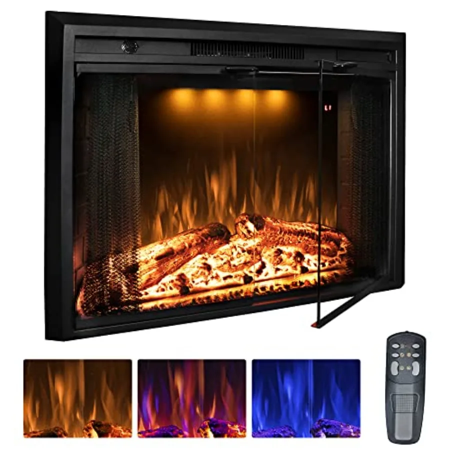 

30 Electric Fireplace Inserts with Glass Door and Mesh Screen Featuring Multicolor Flames and Realistic Fire Crackling Sounds B