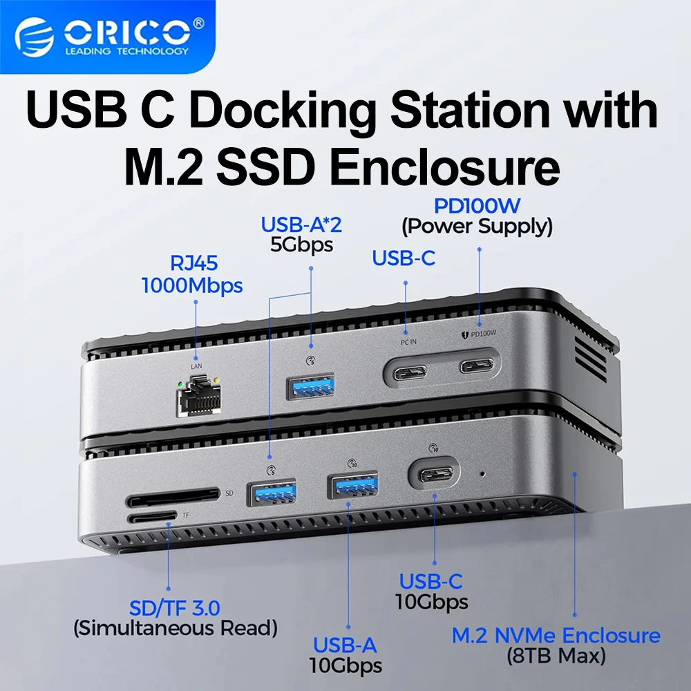 ORICO M.2 NVMe SSD Enclosure with 9-in-1 USB C HUB 10Gbps External HDMI RJ45 SD TF Docking Station with Cooling Fan for Laptop