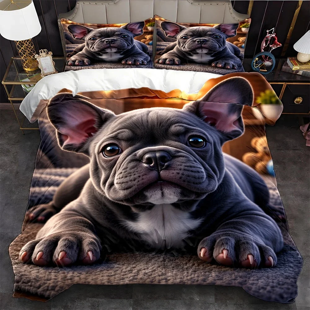 3Pc French Bulldog Duvet Cover Set Cute Dog Print Bedding Set Machine Washable Invisible Zipper Durable Bed Cover for Home Dorm