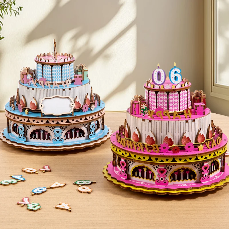 

3D Wooden Puzzle Cake Model Mechanical Building Kit Music Box Game Children's Gift Educational Toy for Kids