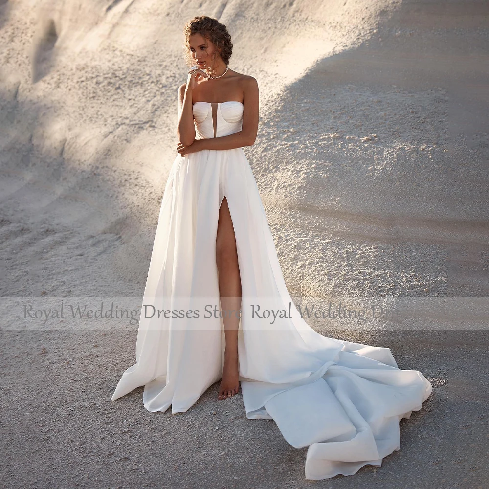 Vestidos de novia de playa para mujer, ropa de boda de Organza blanca con cuello de pico profundo, satén, abertura lateral, línea A, 2024