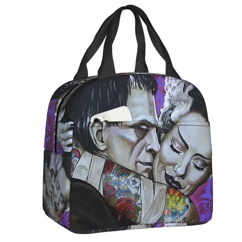 Frankenstein And Bride Thermal Insulated Lunch Bags Women Horror Movie Halloween Lunch Container for School Food Bento Box