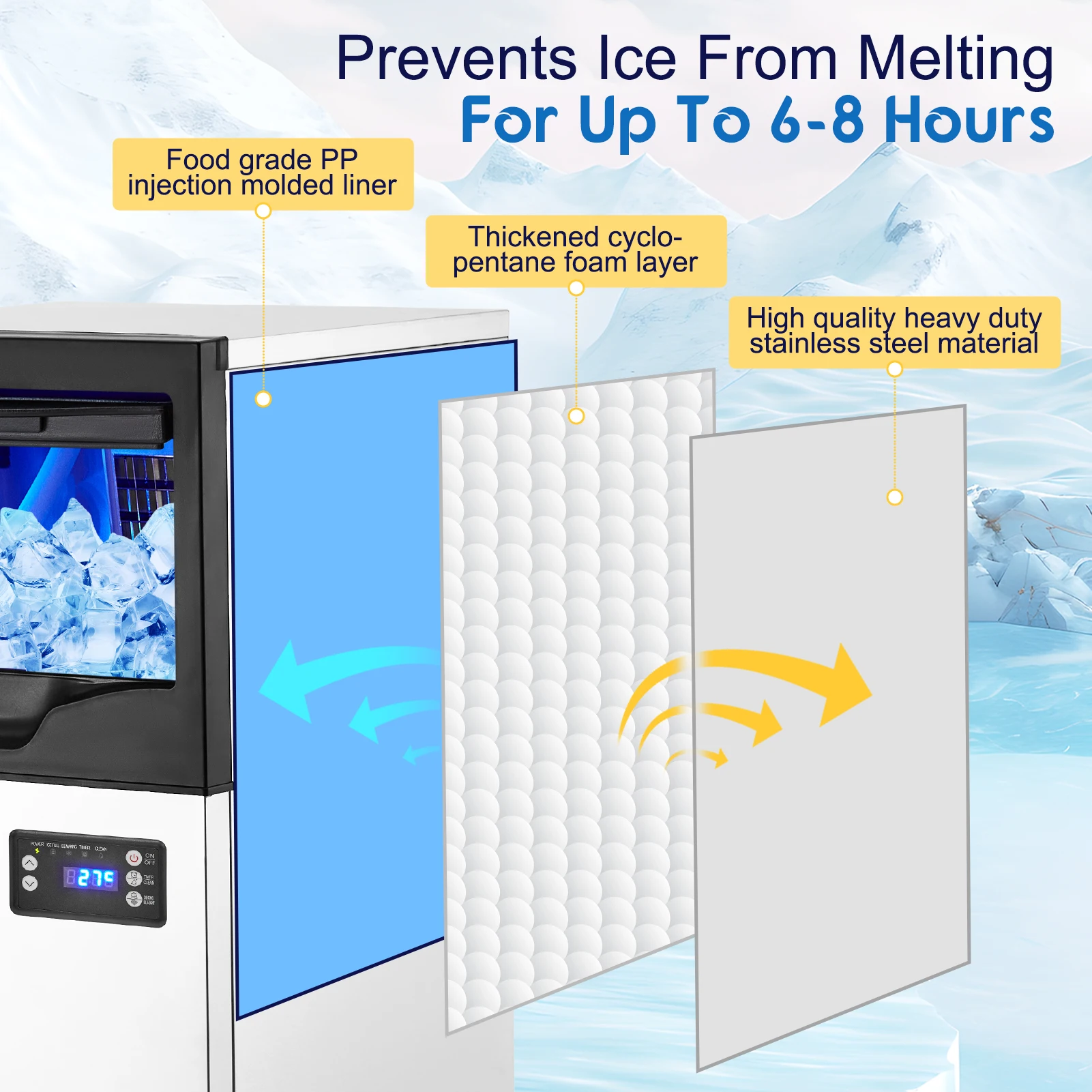 Máquina de hielo comercial, dispositivo independiente de acero inoxidable con contenedor de almacenamiento de 33 libras, listo para hielo en 5-15 min, 100 Lbs/24H