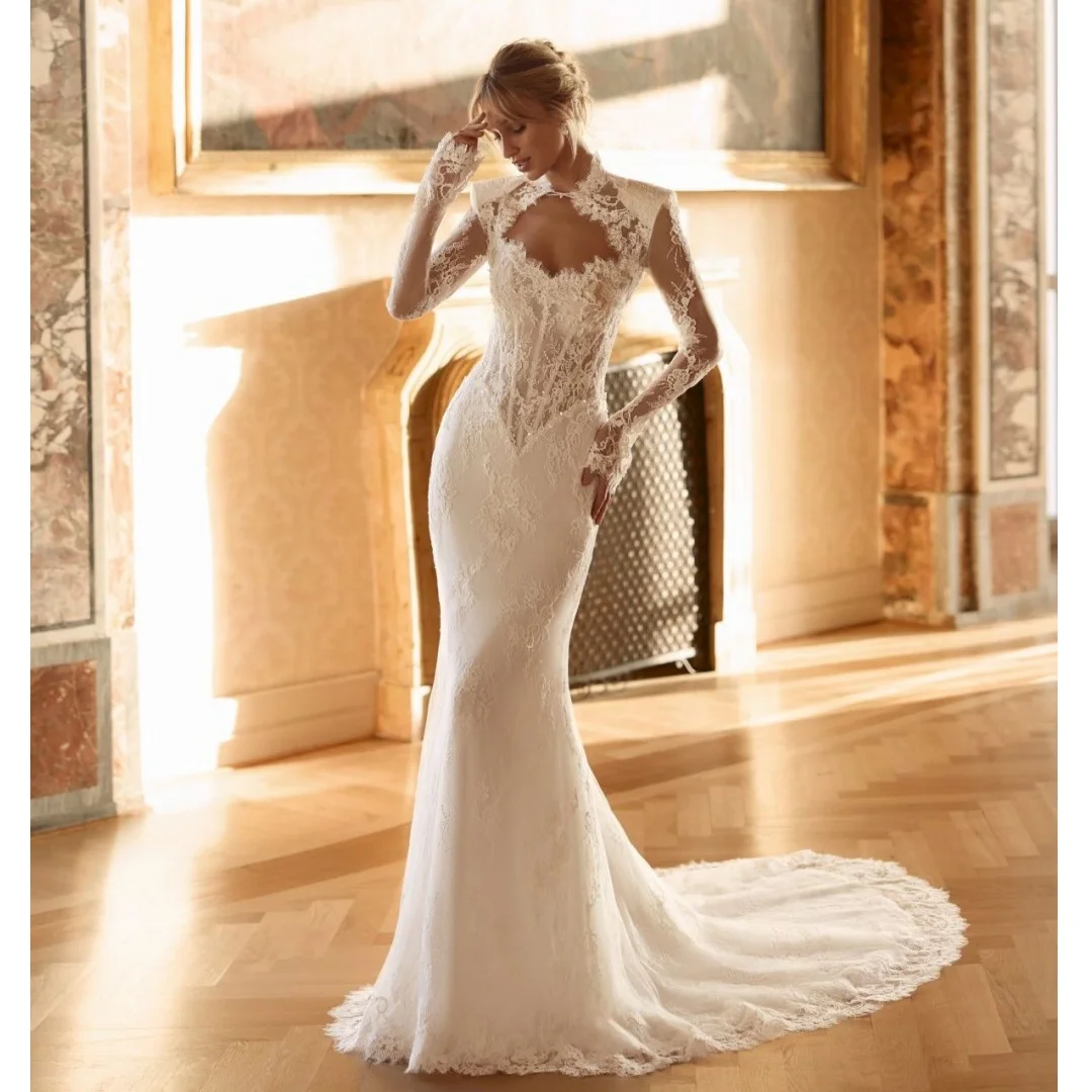 2 Pcs Mermaid Wedding Dresses Lace Bodice Sweep Train Bridal Gown with Long Sleeves Jacket robe de mariée Customized