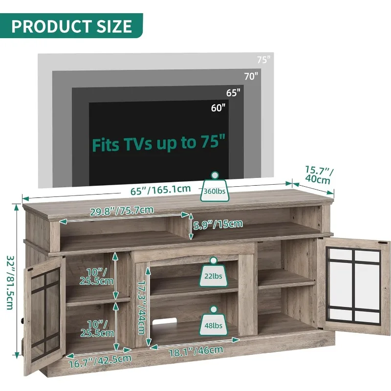 حامل تلفزيون حديث لتلفزيون 75 بوصة، مركز ترفيه LED مع أرفف قابلة للتعديل وأبواب زجاجية، تلفزيون بطول 32 بوصة