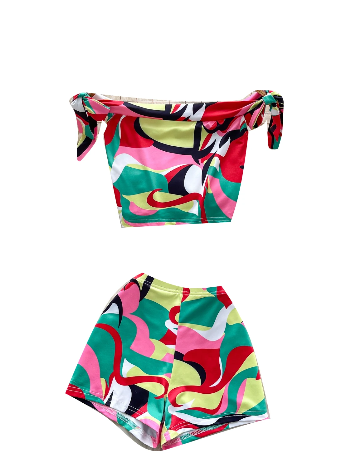 Hot Girl Pure Desire Summer One oulder Strap Waist Cinched ort Print Top High Waist Tight Slimming orts Women's Set