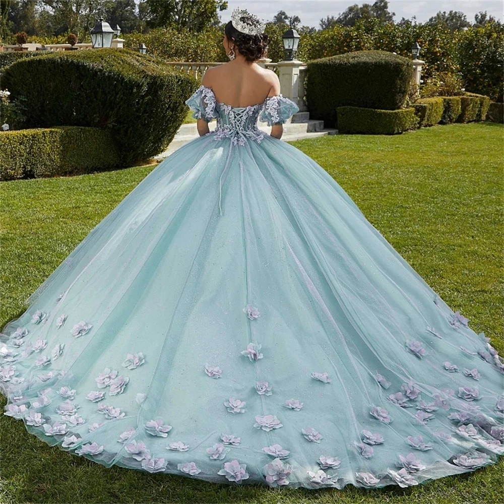 Elegant Sweetheart Neck Shiny Quinceanera Dress Off The Shoulder Party Prom Dress Ball Gown Flower Lace Beads Girl Sweet 16 Gown