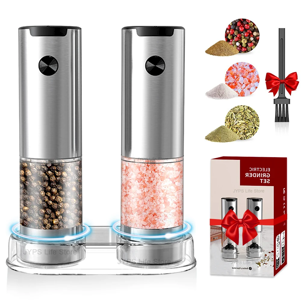 Electric Pepper Grinder Adjustable Coarseness Mill Pepper And Salt Grinder With Base Battery Powered With LED Light Kitchen Tool