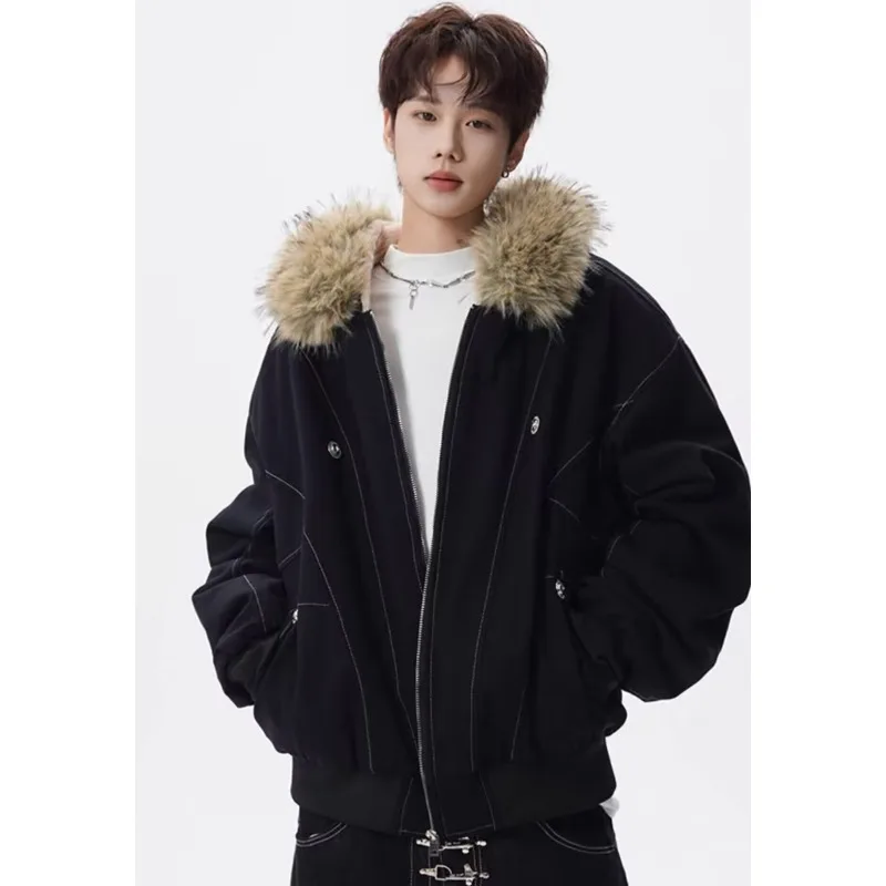 

Hip Hop Winter Men Coat New Casual Comfort Thick Warm Parka Coat Streetwear Loose Hooded Faux Mink Collar Couple Short Coat