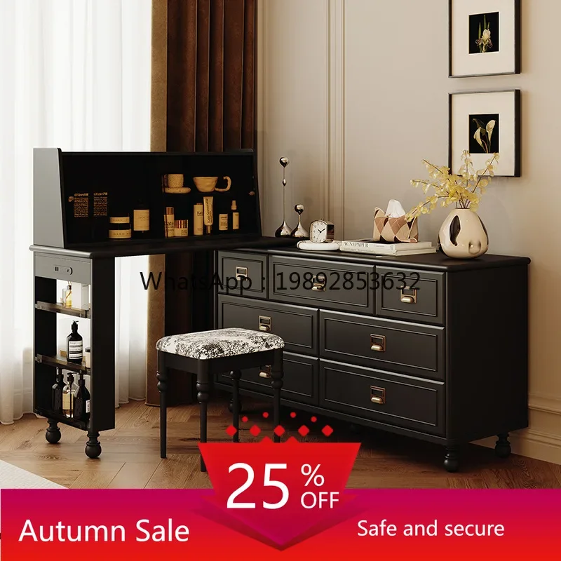 LYY Vintage Solid Wood L-Shaped Makeup Table Makeup Cabinet Storage Cabinet Black Chest of Drawers