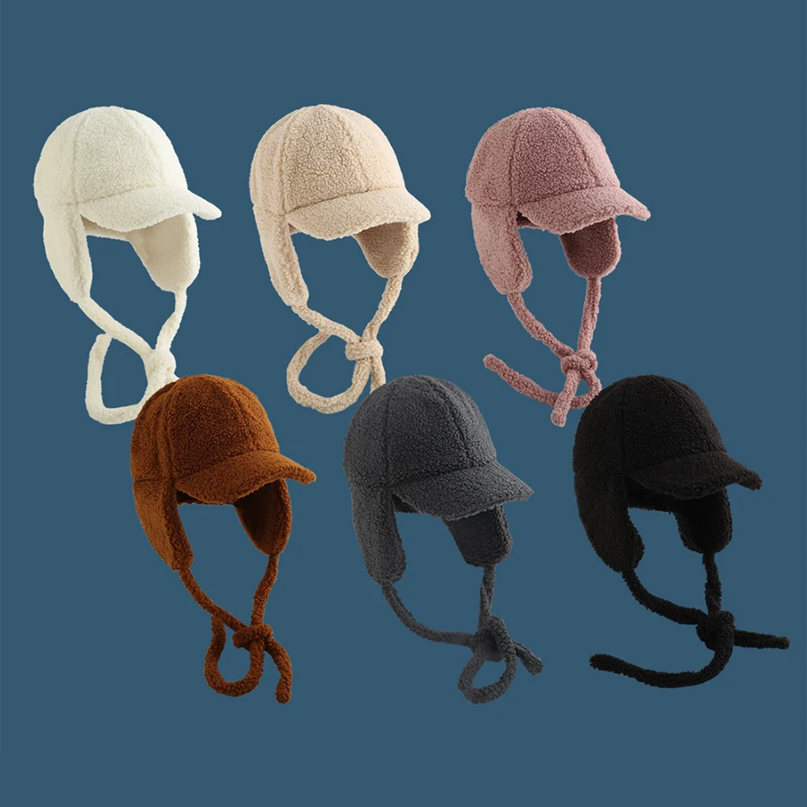 

Winter Women Warm Hat Lamb Fleece Ear Protection Beanies Solid Color Plush Bonnet Russian Lady Outdoor Ear Protectors Hats