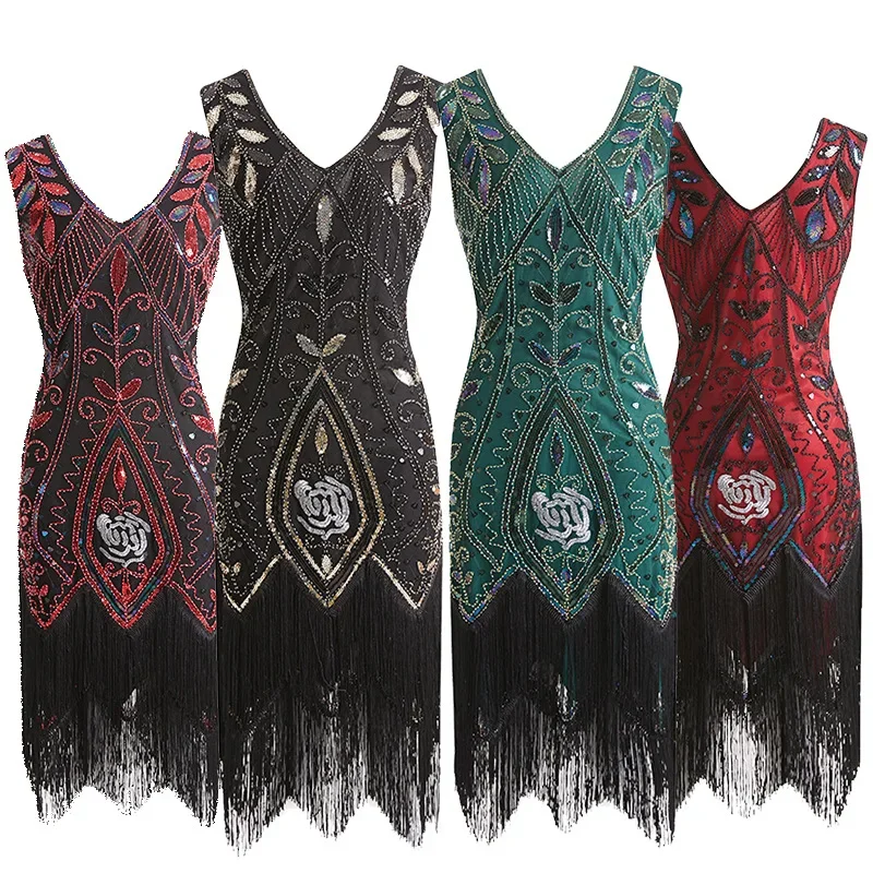 

Sleeveless Cosplay Dresses Women V neck 1920S Dress Sequin Tassel Beaded Great Gatsby Robe Charleston Party Costume