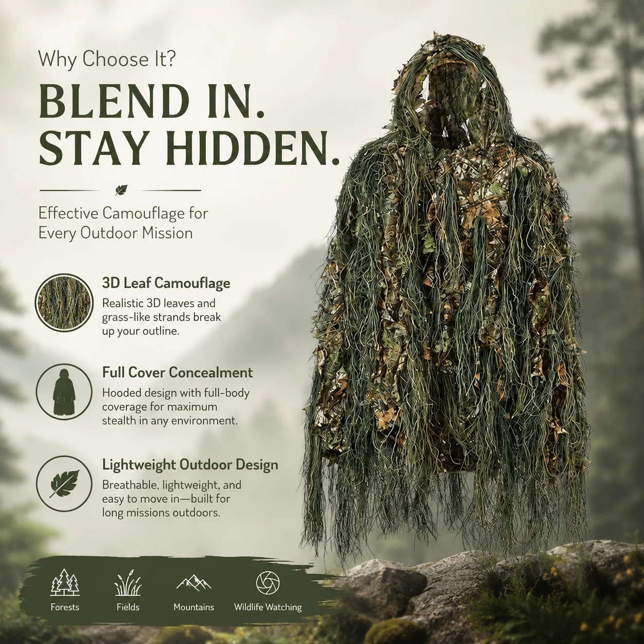 Kombinezon kamuflażowy Ghillie do użytku na zewnątrz, imitujący leśny krajobraz, z trójwymiarowym, bionicznym wzorem liści, oddychający, lekki zestaw odzieży do polowań, gry w airsoft, odgrywania ról