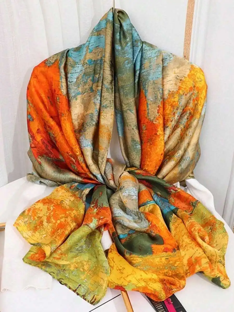 1pc Women's Orange Forest Print Faux Silk Scarf, Can Be Used As Headscarf, Warm Scarf, Headband, Hair Accessory, Ideal Choice