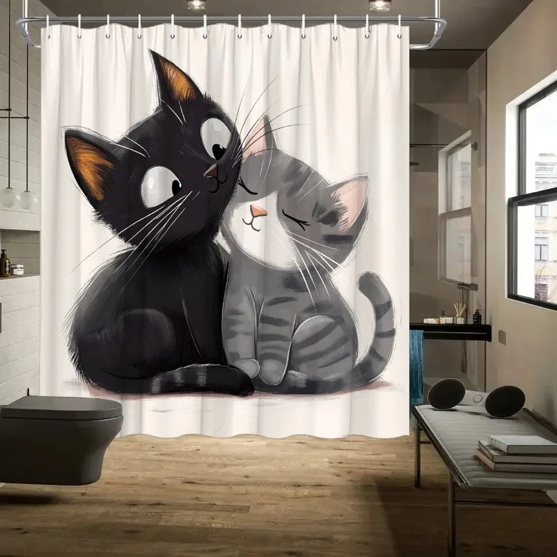 かわいい小さな黒とグレーの猫のシャワーカーテン、洗える、汚れに強い、シャワーヘッド防水、ポリエステル製バスカーテン
