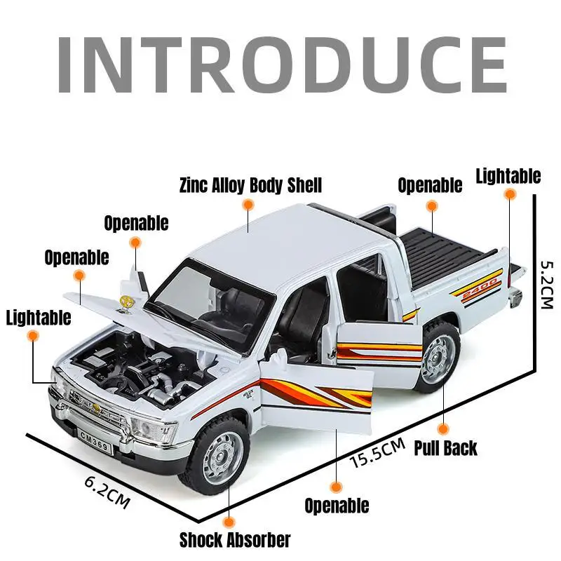 1:32 TOYOTA Hilux Pickup Truck Speelgoed Auto Model Diecast Legering Voertuig Miniatuur Trek Geluid & Licht Collectie Gift Kinderen