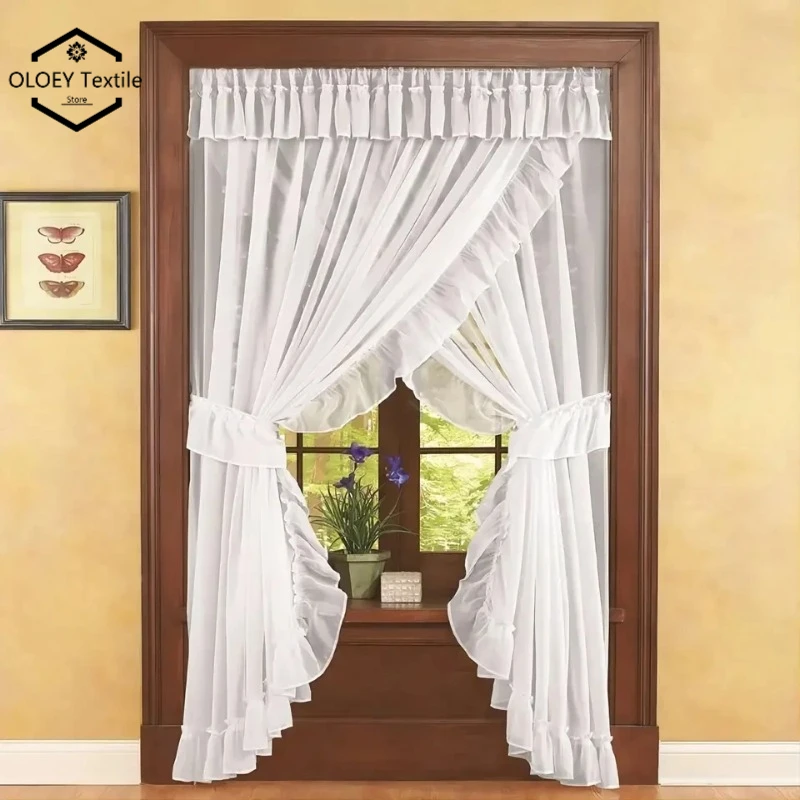 

French Romantic Vintage Sheer Curtains for Room Door Double Layer Linen Voile Tulle Kitchen Partition Drapes Boho Chic Decor