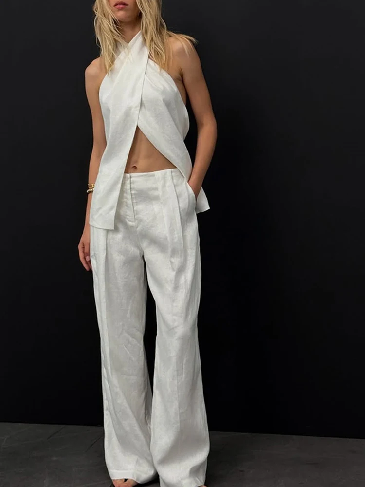 비대칭 린넨 백리스 베스트 탑 프렌치 아일랜드 휴가 스타일 우아한 디자인 출퇴근 스타일 슬림 핏 혼합 소재 캐주얼 웨어