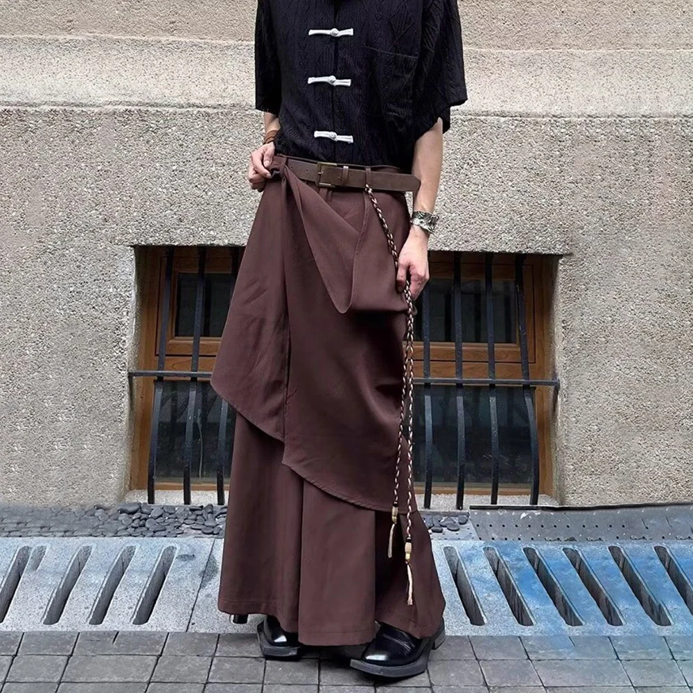 Men Japanese Double-Layer Irregular Casual Culottes 2024 New Genderless Fashion Splicing Solid Color Loose Wide-Leg Pants Unisex