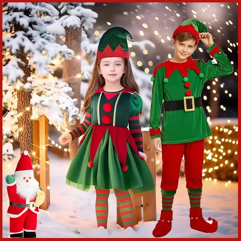 

Adults Kids Green Red Christmas Elf Tutu Cosplay Costume Boys Girls Santa Claus Top Pants Dress Socks Shoes Velvet Genie Suits