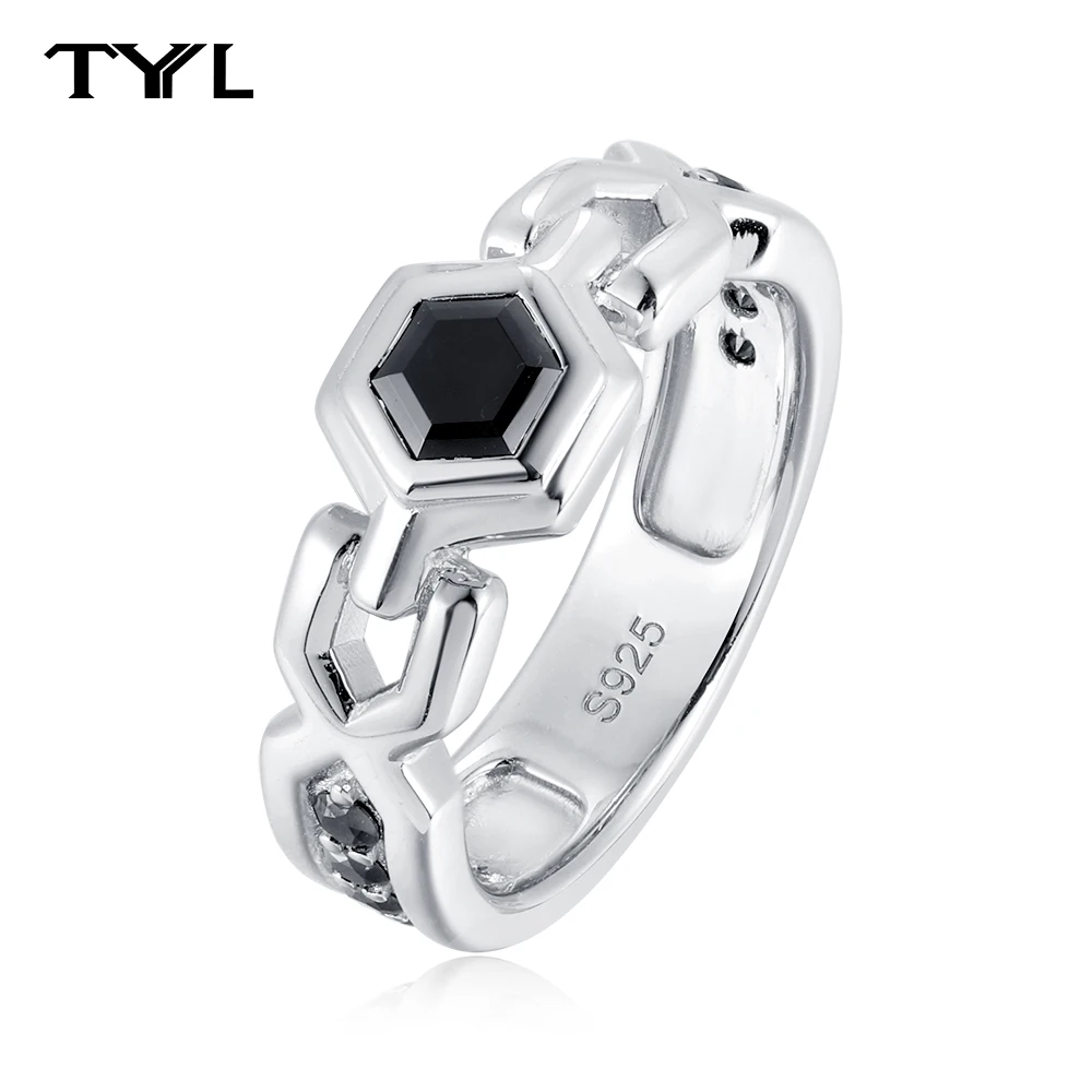 TYYL Hexagonal Black Moissanite Ring for Women Men 925 Silver Honeycomb Statement Link Band Rings Luxury Party Banquet Jewelry