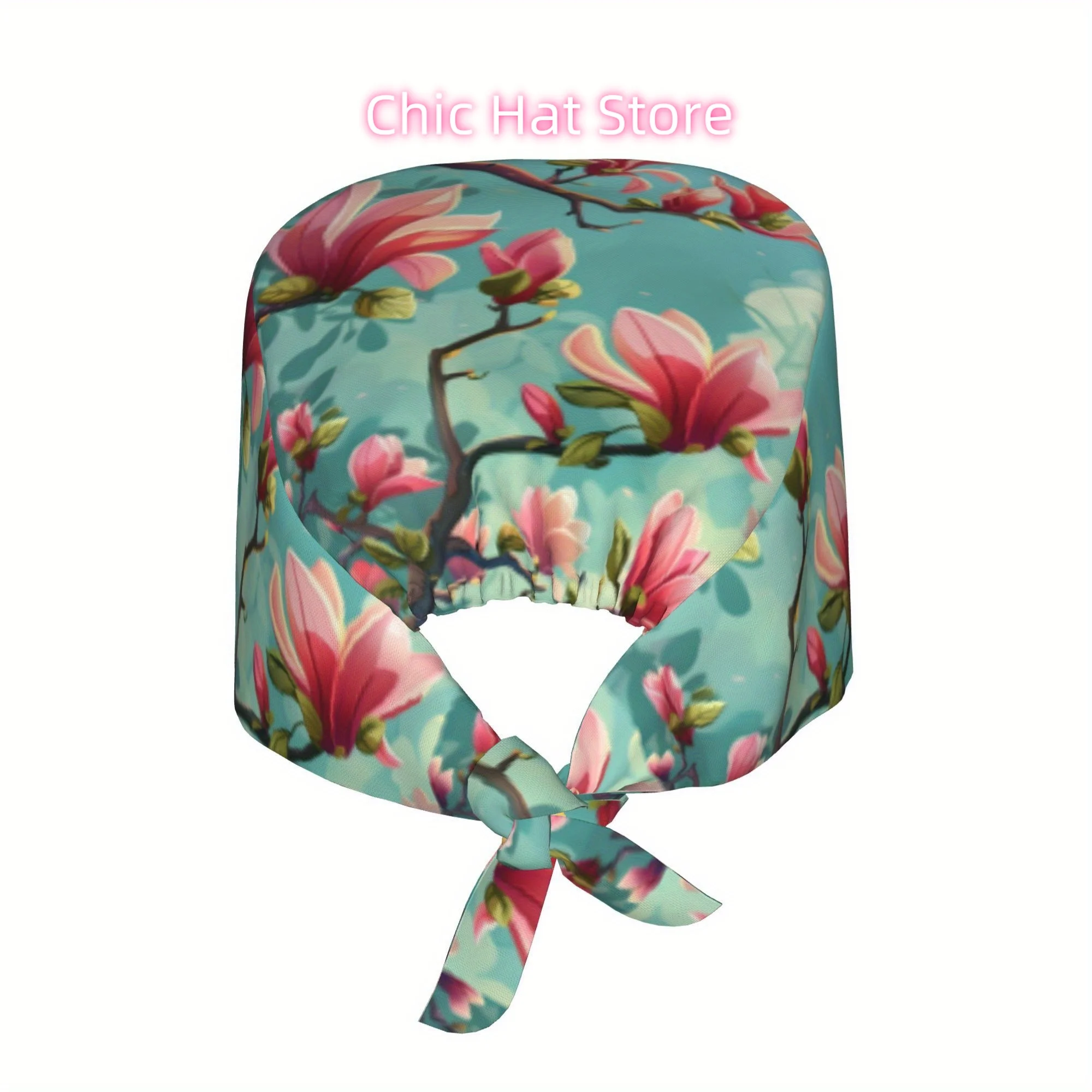 1pc Peach Blossom Print Unisex Adjustable Skull Cap - Lightweight Dustproof Nurse Chef Cooking Hat, Stylish Tie-Back Design for