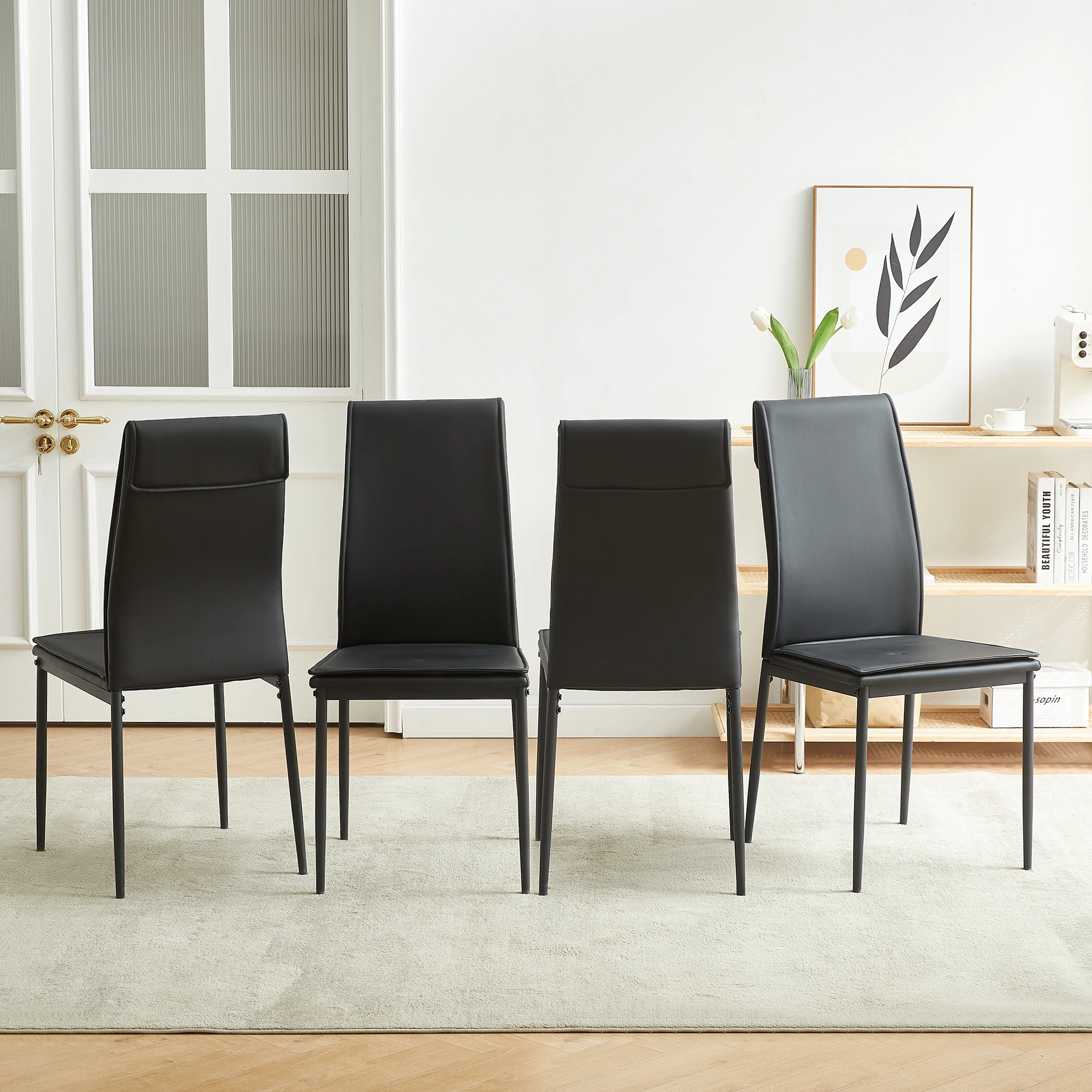 [Flash Sale]2-Layer Leather Dining Chairs Set of 4 Black/Grey Modern Kitchen Chair with Metal Leg[US-W]